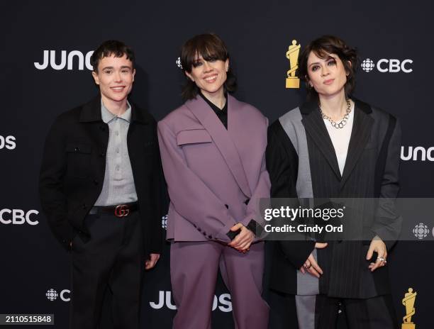 Elliot Page, Sara Quin and Tegan Quin of Tegan and Sara attend the 2024 JUNO Awards at Scotiabank Centre on March 24, 2024 in Halifax, Nova Scotia.