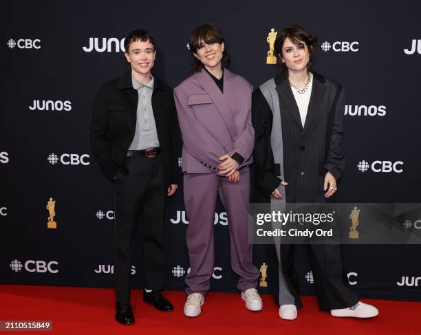 Elliot Page, Sara Quin and Tegan Quin of Tegan and Sara attend the 2024 JUNO Awards at Scotiabank Centre on March 24, 2024 in Halifax, Nova Scotia.
