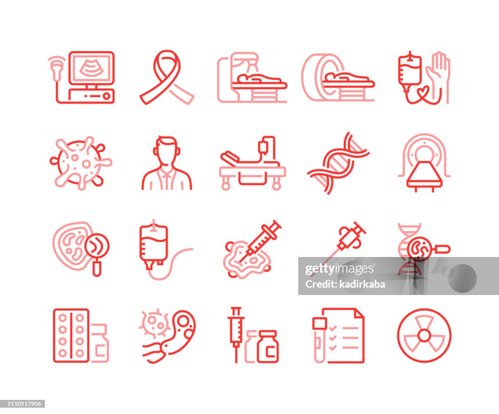 Cancer treatment line icon. Oncology, chemotherapy, hospital, doctor, oncologist, biopsy, group of object.