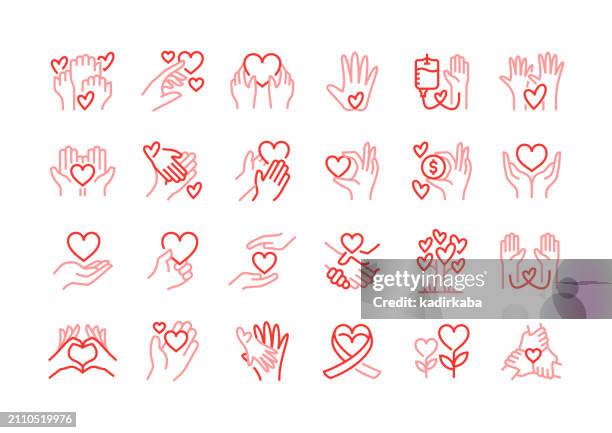 symbol für wohltätigkeits- und spendenlinien. bewusstsein, freiwilliger, spender, organspende, liebe geben, objektgruppe. - crowdsourcing stock-grafiken, -clipart, -cartoons und -symbole