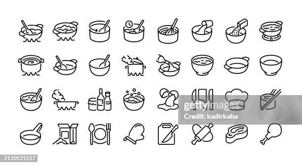 ilustraciones, imágenes clip art, dibujos animados e iconos de stock de icono de línea de cocción, cocina, comida, cena, preparación, comida, almuerzo, desayuno, grupo de objetos. - preparación de alimentos