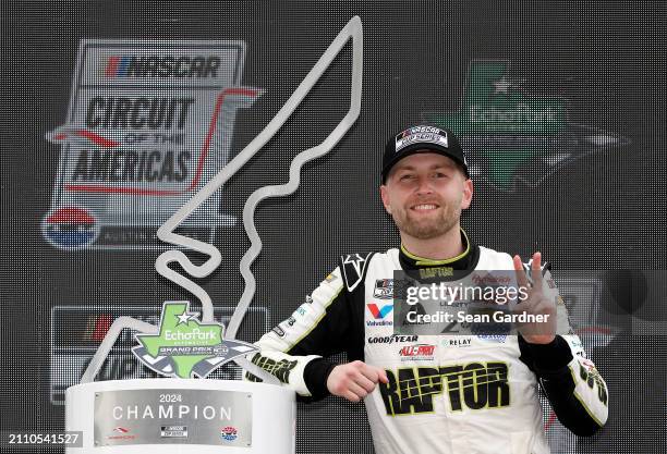 William Byron, driver of the RaptorTough.com Chevrolet, celebrates in victory lane after winning the NASCAR Cup Series EchoPark Automotive Grand Prix...