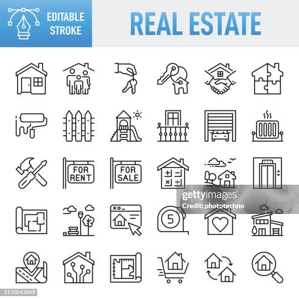 immobilien - dünner linienvektor-icon-set. pixelgenau. bearbeitbarer strich. für mobilgeräte und web. das set enthält symbole: immobilien, haus, hausschlüssel, schlüssel, hausvermietung, hausinterieur, hauseigentum, häusliches leben - wohnhaus stock-grafiken, -clipart, -cartoons und -symbole