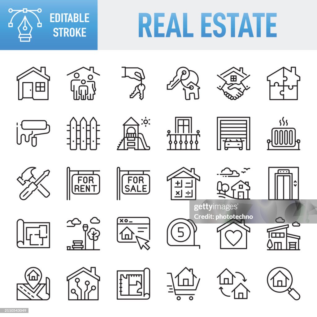 Real Estate - Thin line vector icon set. Pixel perfect. Editable stroke. For Mobile and Web. The set contains icons: Real Estate, House, House Key, Key, House Rental, Home Interior, Home Ownership, Domestic Life