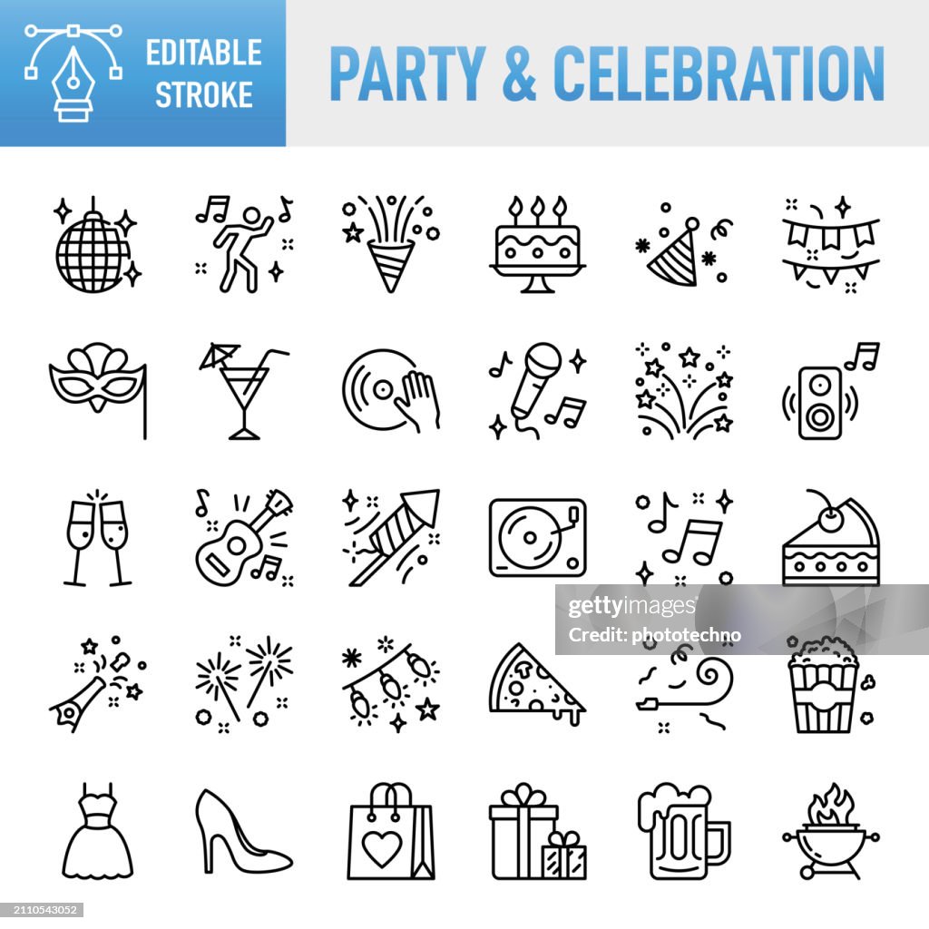Party & Celebration - Thin line vector icon set. Pixel perfect. Editable stroke. For Mobile and Web. The set contains icons: Party - Social Event, Event, Birthday, Celebration, Music, Firework Display, Balloon, Firework - Explosive Material, Confetti