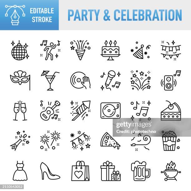party & celebration - thin line vector icon set. pixel perfect. editable stroke. for mobile and web. the set contains icons: party - social event, event, birthday, celebration, music, firework display, balloon, firework - explosive material, confetti - dance floor stock illustrations