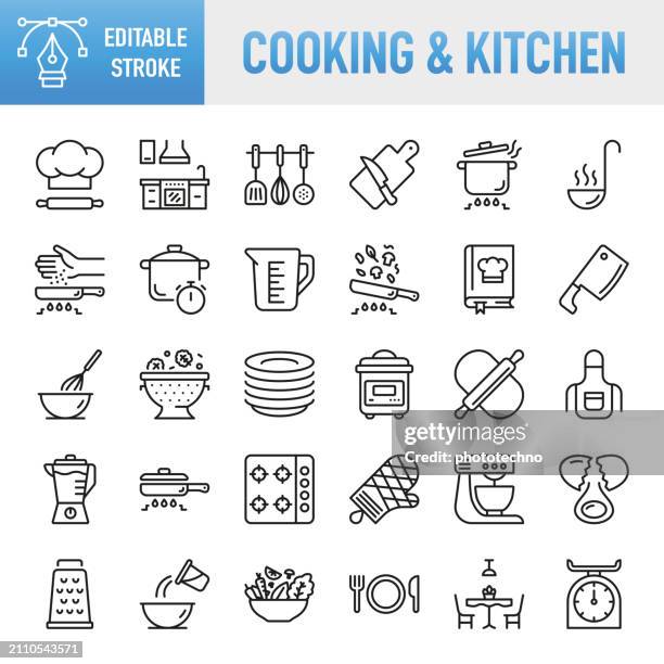 cooking & kitchen - thin line vector icon set. pixel perfect. editable stroke. for mobile and web. the set contains icons: cooking, kitchen, food, cooking pan, frying pan, baking, multicooker, kitchen knife, chef, hat, bowl, domestic kitchen - rolling pin stock illustrations