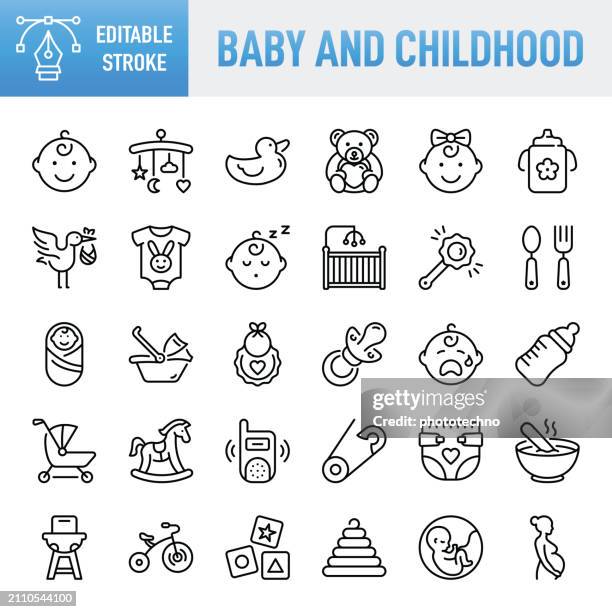baby und kindheit - dünner linien-vektor-icon-set. pixelgenau. bearbeitbarer strich. für mobilgeräte und web. das set enthält symbole: baby - menschliches alter, baby mädchen, teddybär, windel, kind, schlafen, kind, kinderbetreuung, pflege, schnuller - baby stock-grafiken, -clipart, -cartoons und -symbole
