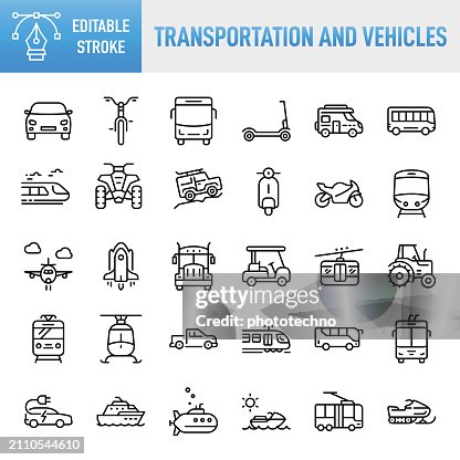 Transportation and Vehicles - Thin line vector icon set. Pixel perfect. Editable stroke. For Mobile and Web. The set contains icons: Transportation, Mode of Transport, Bus, Car, Train - Vehicle, Airplane, Public Transportation, Motorcycle, Cable Car Transportation and Vehicles - Thin line vector icon set. Pixel perfect. Editable stroke. For Mobile and Web. The set contains icons: Transportation, Mode of Transport, Bus, Car, Train - Vehicle, Airplane, Public Transportation, Motorcycle, Cable Car