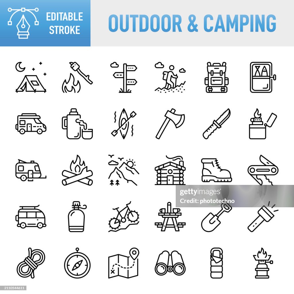 Outdoor and Camping - Thin line vector icon set. Pixel perfect. Editable stroke. For Mobile and Web. The set contains icons: Hiking, Camping, Outdoors, Adventure, Summer Camp, Adventure, Mountain, Campfire,Climbing, Mountain Climbing, Hiking Boot