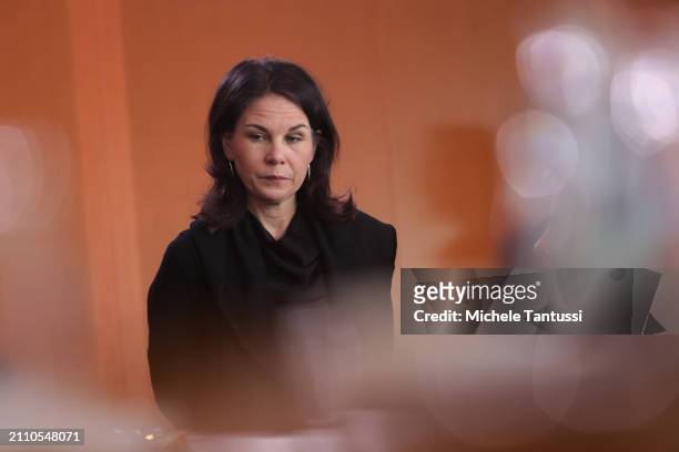 Foreign Minister Annalena Baerbock arrives for the weekly federal government cabinet meeting on March 27, 2024 in Berlin, Germany. High on the...