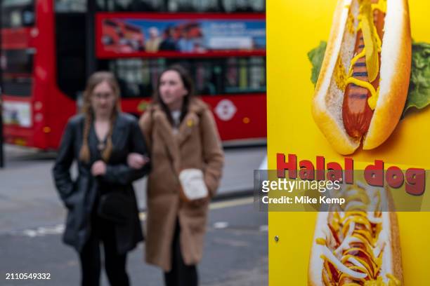 Halal hot dogs for sale at a hot dog stand at Piccadilly Circus on 6th March 2024 in London, United Kingdom.