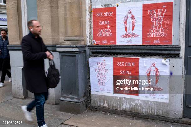 Provocative yet playful design posters for the new coffeee brand and coffee shop Sacred Grounds in Soho on 6th March 2024 in London, United Kingdom....