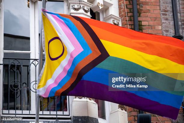 Intersex-inclusive Pride Progress flag in Soho on 6th March 2024 in London, United Kingdom. The flag includes the rainbow flag stripes to represent...