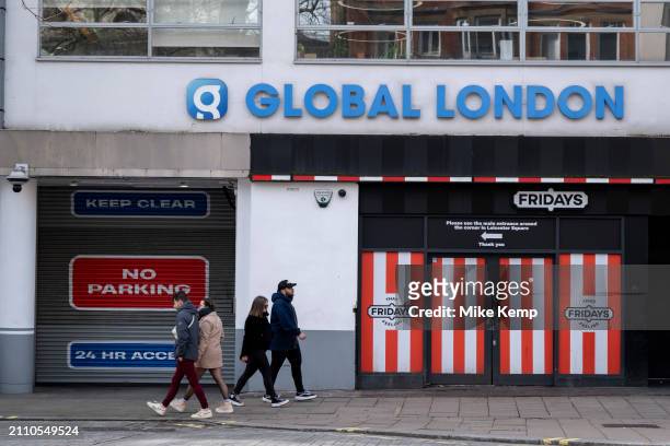 Sign for media organisation Global London outside the back of a TGI Fridays on 4th March 2024 in London, United Kingdom. Global Media & Entertainment...