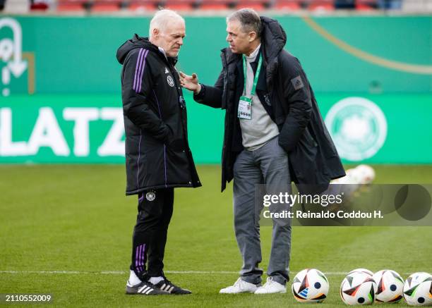 Assistant coach Hermann Gerland and Andreas Rettig, DFB Managing Director for Sport, have a chat prior to the UEFA Under21 EURO Qualifier Germany U21...