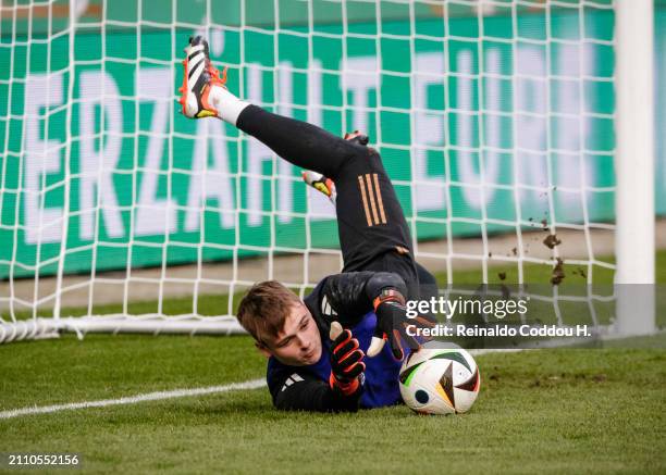 Jonas Urbig of Germany is seen during warm up prior to the UEFA Under21 EURO Qualifier Germany U21 v Israel U21 at Leuna-Chemie-Stadion on March 26,...