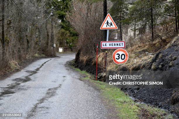 This photograph taken on March 27, 2024 shows an entrance of the French southern Alps village of Le Vernet, near the Haut-Vernet where 2 years old...