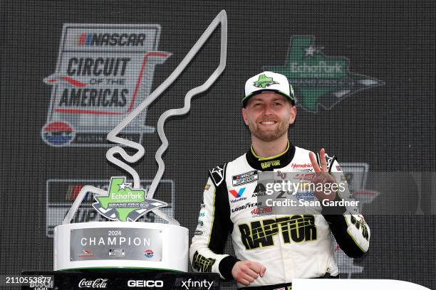 William Byron, driver of the RaptorTough.com Chevrolet, celebrates in victory lane after winning the NASCAR Cup Series EchoPark Automotive Grand Prix...