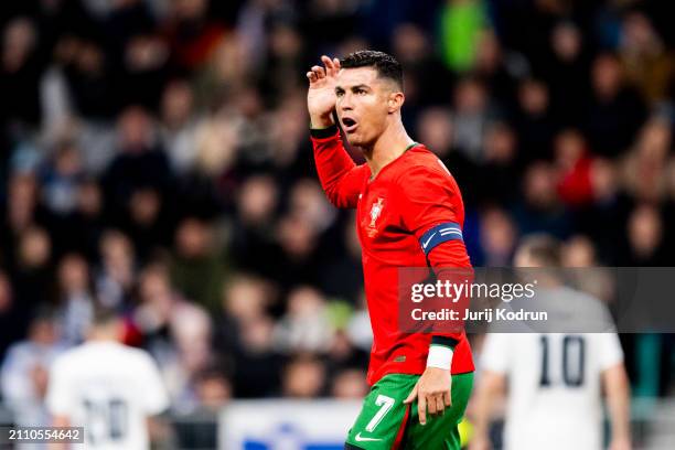 Cristiano Ronaldo of Portugal reacts during the international friendly match between Slovenia and Portugal on March 26, 2024 in Ljubljana, Slovenia.