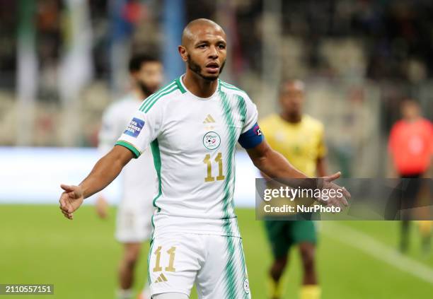 Yacine Brahimi is reacting during the international friendly match between Algeria and South Africa in Algiers, Algeria, on March 26, 2024.