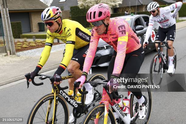 Belgian Wout van Aert of Team Visma-Lease a Bike and Italian Alberto Bettiol of EF Education-EasyPost compete in the Around Flanders cycling classic...