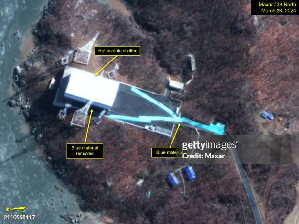 Maxar satellite imagery indicates blue materials laid in a "Y" shape on coastal launch pad observed on imagery from March 23, 2024. Analysis by 38...