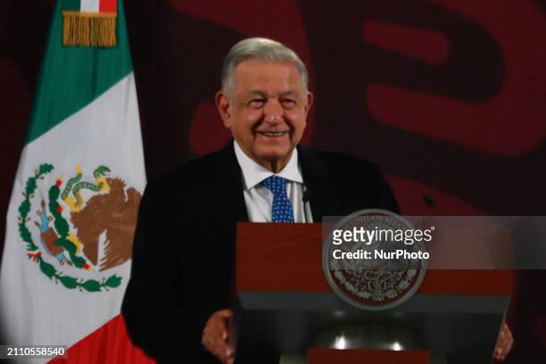 In Mexico City, Mexico, on March 27, 2024: The President of Mexico, Andres Manuel Lopez Obrador, is speaking at the morning press conference in front...