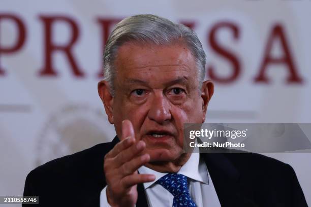 President Andres Manuel Lopez Obrador is speaking at the morning press conference in front of reporters at the National Palace in Mexico City,...