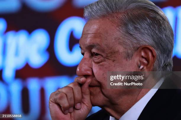 In Mexico City, Mexico, on March 27, 2024: The President of Mexico, Andres Manuel Lopez Obrador, is speaking at the morning press conference in front...