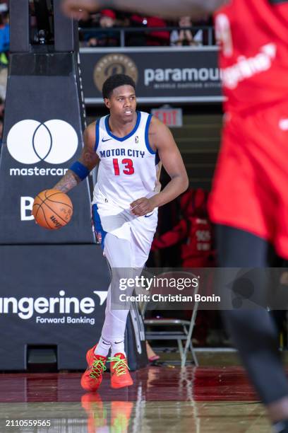 Nathan Knight of the Motor City Cruise handles the ball during an NBA G League game against the Raptors 905 on March 27, 2024 at the Paramount Fine...