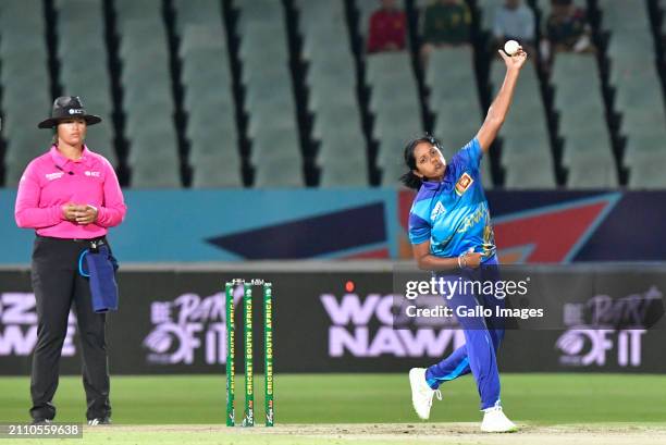 Inoka Ranaweera of Sri Lanka bowls during the 1st Women's T20I match between South Africa and Sri Lanka at Willowmoore Park on March 27, 2024 in...