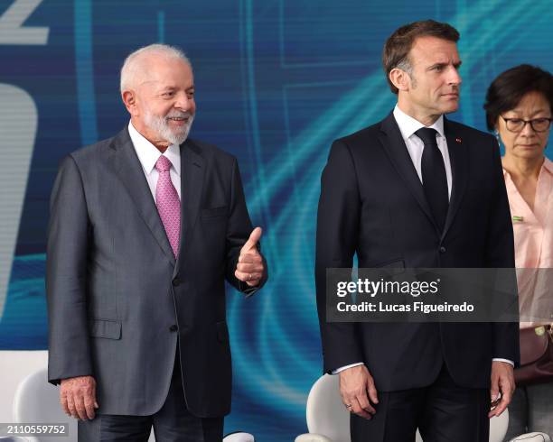 President of Brazil Luis Inacio Lula Da Silva gestures next to President of France Emmanuel Macron during the inauguration ceremony of the Tonelero...