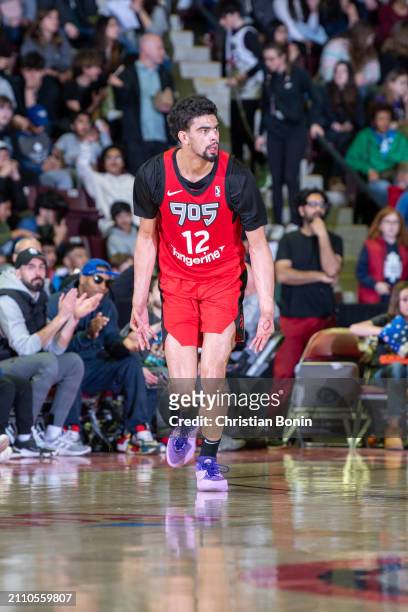 Jaden Delaire of the Raptors 905 celebrates his successful three point shot during an NBA G League game against the Motor City Cruise on March 27,...