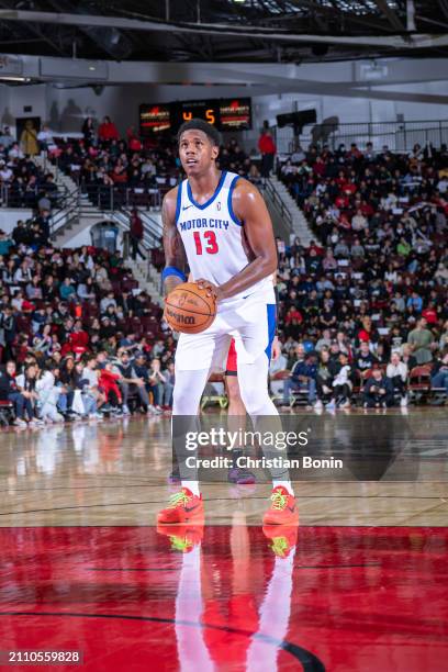 Nathan Knight of the Motor City Cruise prepares to shoot a free throw during an NBA G League game against the Raptors 905 on March 27, 2024 at the...