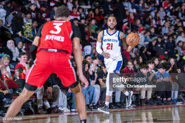 ShawnDre Jones of the Motor City Cruise dribbles the ball during an NBA G League game against the Raptors 905 on March 27, 2024 at the Paramount Fine...