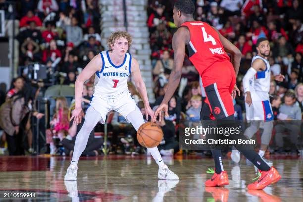 Ryan Turell of the Motor City Cruise defends during an NBA G League game against the Raptors 905 on March 27, 2024 at the Paramount Fine Foods Centre...