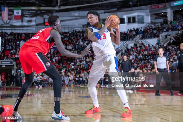Nathan Knight of the Motor City Cruise handles the ball during an NBA G League game against the Raptors 905 on March 27, 2024 at the Paramount Fine...