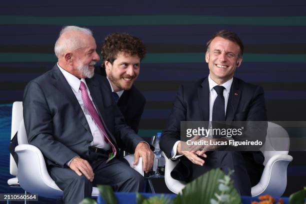 President of Brazil Luis Inacio Lula Da Silva laughs with President of France Emmanuel Macron during the inauguration ceremony of the Tonelero...