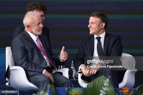President of Brazil Luis Inacio Lula Da Silva gestures to President of France Emmanuel Macron during the inauguration ceremony of the Tonelero...