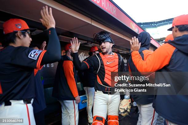 Patrick Bailey greets his teammates at Oracle Park on March 26, 2024 in San Francisco, California.