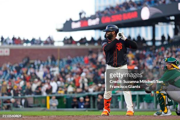 Pablo Sandoval standing at bat at Oracle Park on March 26, 2024 in San Francisco, California.