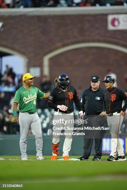 Pablo Sandoval points to the sky after getting a base hit at Oracle Park on March 26, 2024 in San Francisco, California.