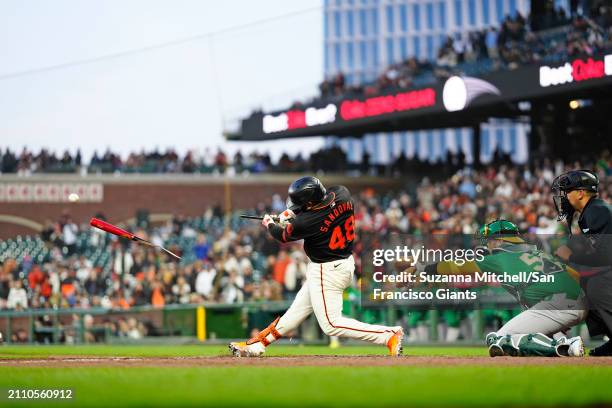 Pablo Sandoval Swings at a pitch at Oracle Park on March 26, 2024 in San Francisco, California.