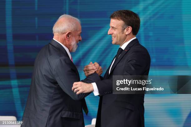 President of Brazil Luiz Inácio Lula da Silva and President of France Emmanuel Macron embrace during the inauguration of the Tonelero submarine in...