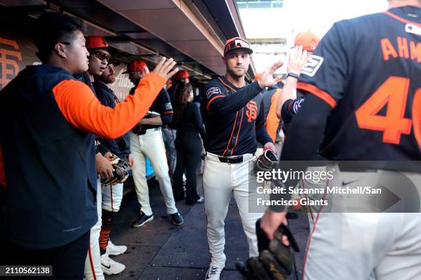 Michael Conforto of the San Francisco Giants prepares for the Giants game at Oracle Park on March 26, 2024 in San Francisco, California.