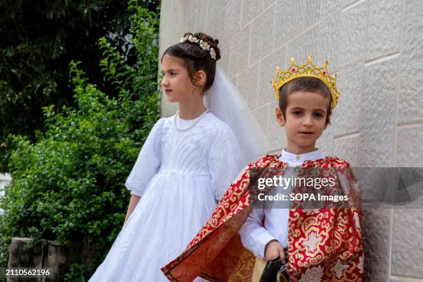 Two children dressed in King David and Queen Esther costumes seen during the Purim celebration. Ultra-Orthodox Jews Celebrate Purim in Bnei Brak,...