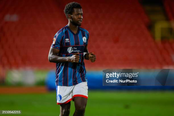 Kwaku Oduroh is playing for Hartlepool United in the Vanarama National League match against Gateshead at the Gateshead International Stadium in...