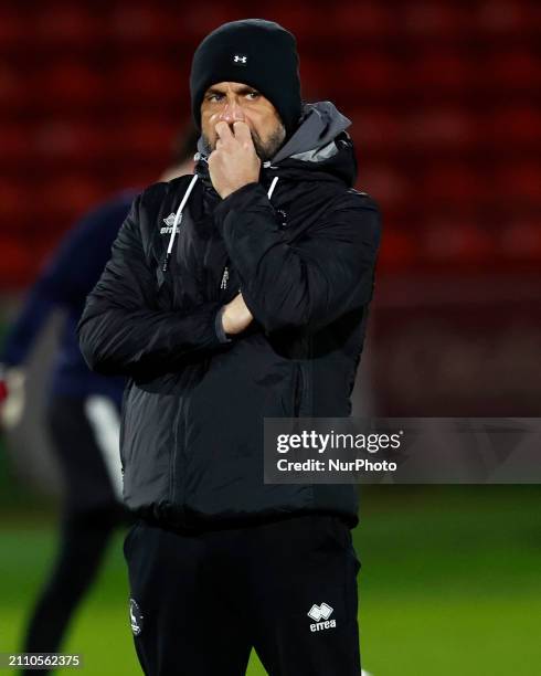 Kevin Phillips, the manager of Hartlepool United, is watching the Vanarama National League match between Gateshead and Hartlepool United at the...