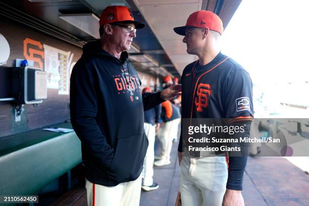 Bob Melvin and Matt Chapman of the San Francisco Giants prepare for the Giants game at Oracle Park on March 26, 2024 in San Francisco, California.